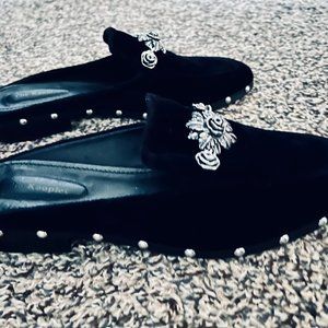 The Kooples Black Leather Mule Slides, Silver Floral Accent
